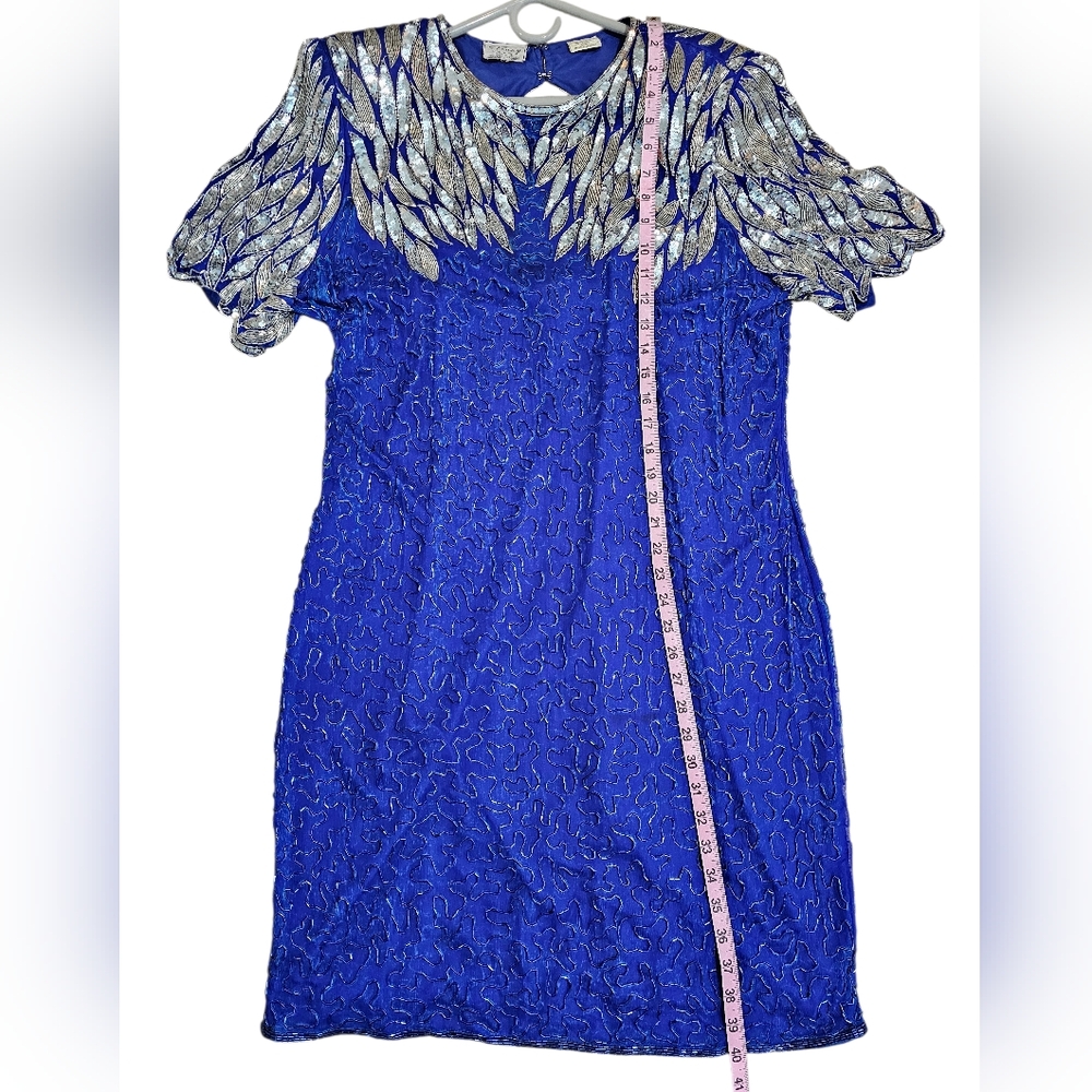 Vintage Stenay Beaded Evening Dress Large Blue Art Deco Silk Sequin 80s Luxury - Picture 5 of 6